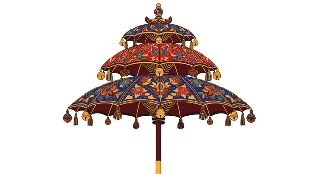 Ornate Traditional Tiered Umbrella with Floral Patterns and Bells