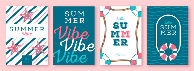 Plakat Set of summer striped sea vacation posters or covers with inflatable swim rings. Summer vibe backgrounds. Vector illustration