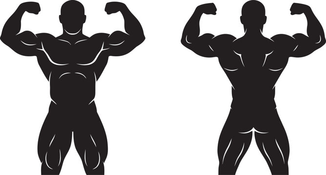 Muscular bodybuilder front and back double biceps pose silhouette set