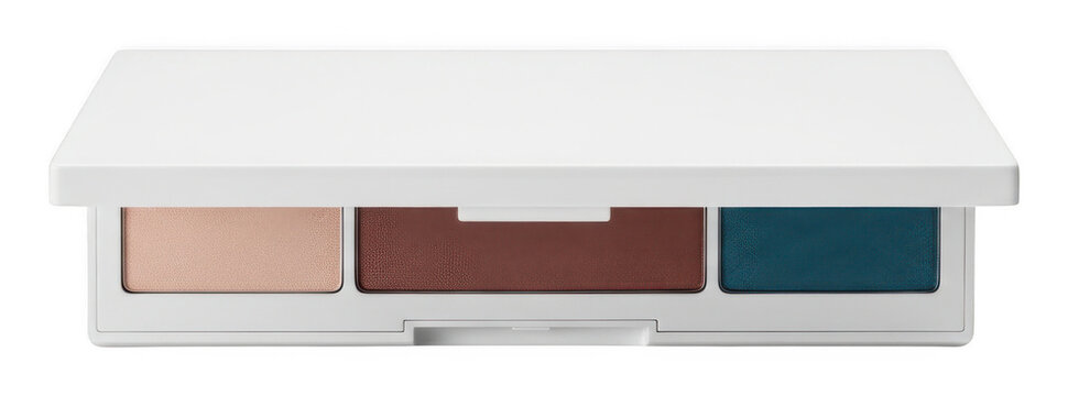 White makeup palette with shimmering peach, terracotta and teal eyeshadows isolated transparent background image