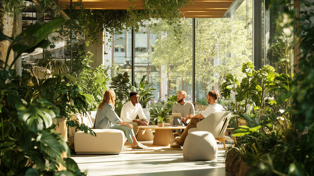 Diverse business team having a casual meeting on couches in a bright green co-working space.