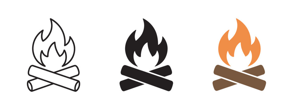 Campfire icon with wooden logs vector illustration, outdoor fire symbol for camping hiking bonfire wilderness adventure and recreation concept