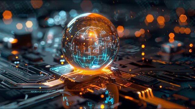 Futuristic glowing sphere or data core on a motherboard, representing a digital core, global network and data processing. Abstract technology animation.