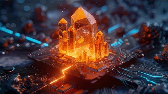 Luminous orange crystal growing from a CPU on a circuit board, concept of raw energy, data storage and power source. Sci-fi tech animation.