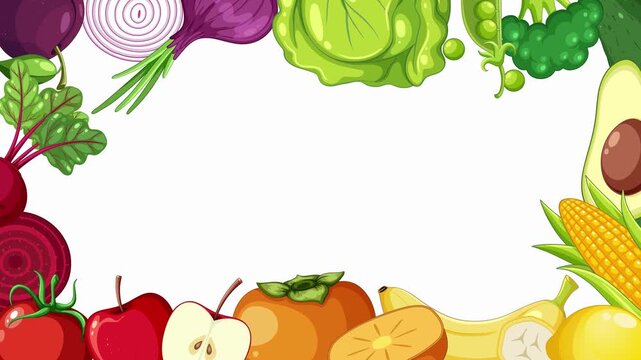 Cartoon fruits and vegetables border on white background
