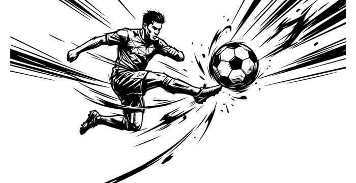 Soccer player kicking ball in action