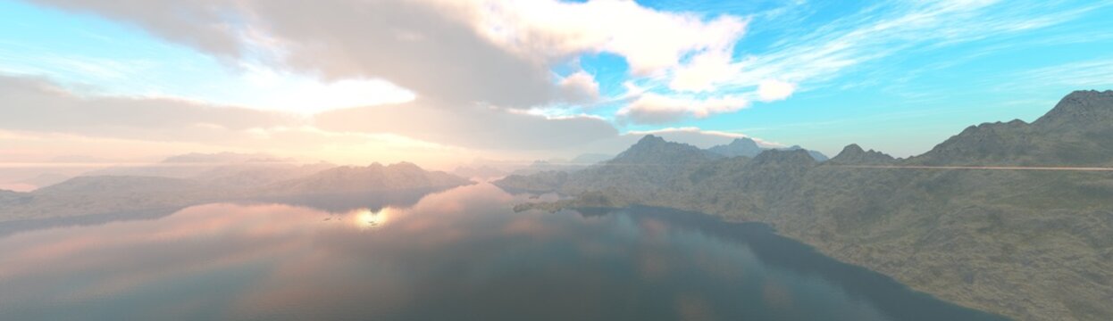 Panorama of sea sunset, ocean sunrise, seascape, 3d rendering
