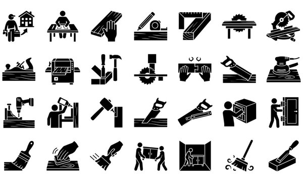 Carpentry and furniture making icons set showing measuring, sawing, planing, drilling, sanding, joining, painting, installation, and delivery for woodworking trade and home renovation applications