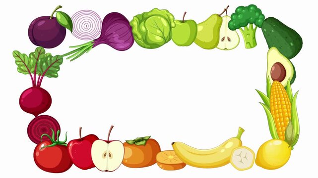 Colorful Frame of Assorted Fruits and Vegetables on White Background