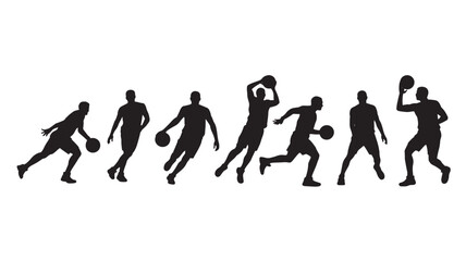 Fototapeta premium Silhouette Of Multiple Basketball Players Posing With Balls On White Background For Sports Concepts