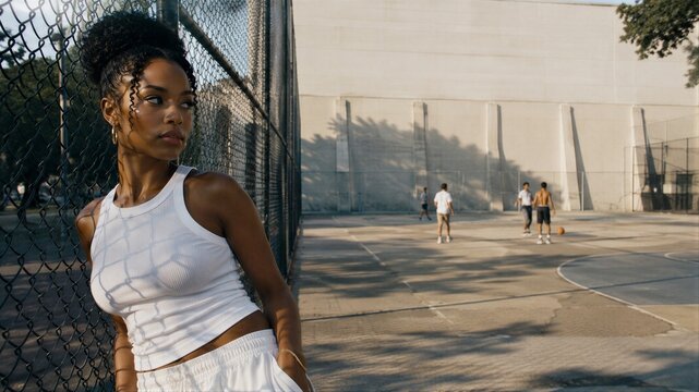 Young African American woman standing by chain link fence at outdoor basketball court. Sporty girl watching people play street ball in urban area. Active lifestyle and weekend recreation