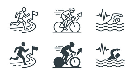 Obraz premium Triathlon sport icons including running cycling swimming and heart rate tracking symbols for athletic performance