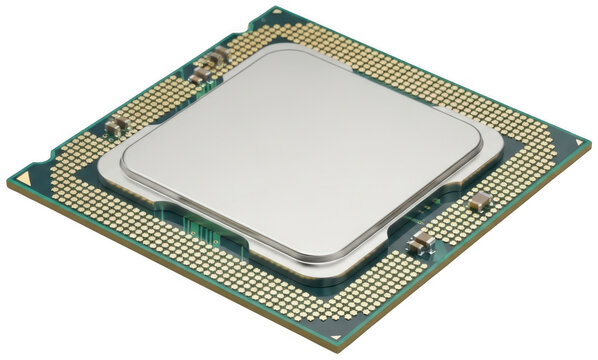 Professional square computer processor chip with gold pins and silver top isolated transparent background image
