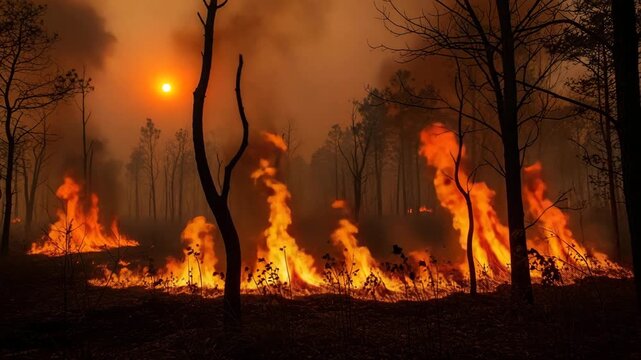 A forest fire burns intensely at sunset with flames engulfing trees and underbrush