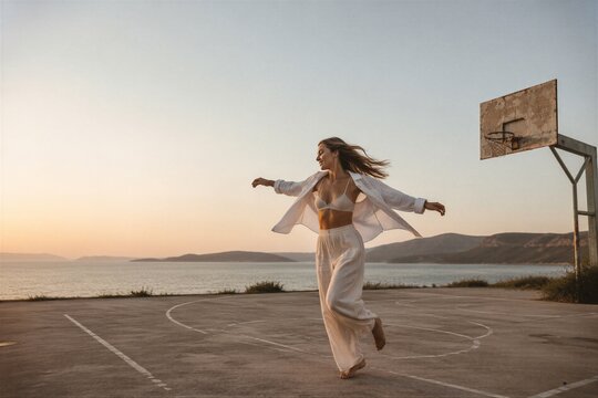 Young woman dancing on an outdoor basketball court at sunset. Girl wearing linen clothes enjoying summer breeze near the sea. Freedom, happiness and lifestyle spirit in coastal scenery