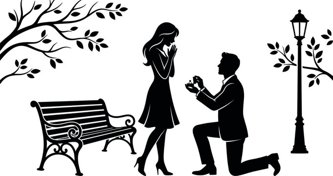 Silhouette of a man proposing to a woman in a park