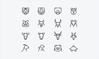 Fototapeta premium Animals. Elephant, tiger, lion, monkey, bear, deer, fox, camel, horse, cow, goat, bird, panda. line art icon set vector illustration