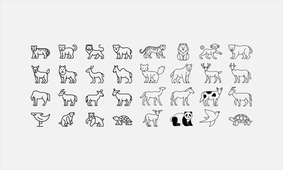 Fototapeta premium Animals. Elephant, tiger, lion, monkey, bear, deer, fox, camel, horse, cow, goat, bird, panda. line art icon set vector illustration