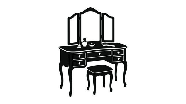 Antique vanity table with stool black silhouette on white background