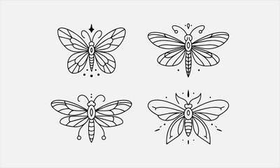 Fototapeta premium Bohemian linear logos, icons and symbols, insect, butterfly, dragonfly and moth design templates. vector illustration