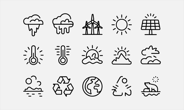 Climate change line art icon set vector illustration