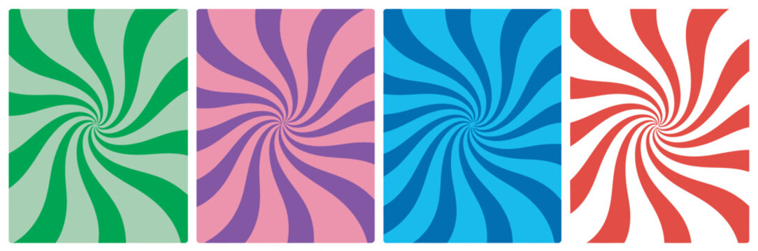 Swirl spiral psychedelic patterns vector set, retro groovy wavy background collection abstract colorful vortex burst decorative design elements