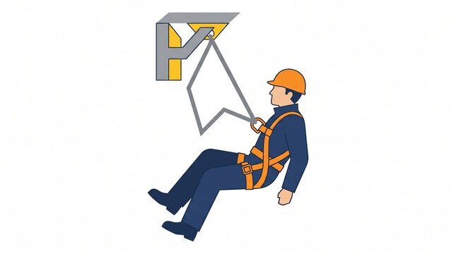 Minimalist flat vector illustration of an industrial worker suspended by a fall protection safety harness attached to an anchor point