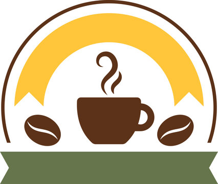 A steaming cup of coffee with coffee beans and a yellow arc, coffee logo