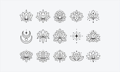 Mystic lotus elements. Spirit flower line tattoo template. Boho style symbols. line art icon set vector illustration © lokshmon