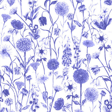 Hand drawn garden flowers seamless pattern in blue color. Primrose, foxglove, anemone, daisy, dahlia, fritillaria, marigold floral drawings. Nature pencil sketches. Summer background