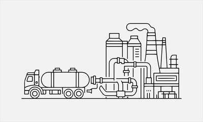 Naklejka premium Pumping liquid from a tanker to a factory. Visualization of a smart chemical factory. line art icon set vector illustration