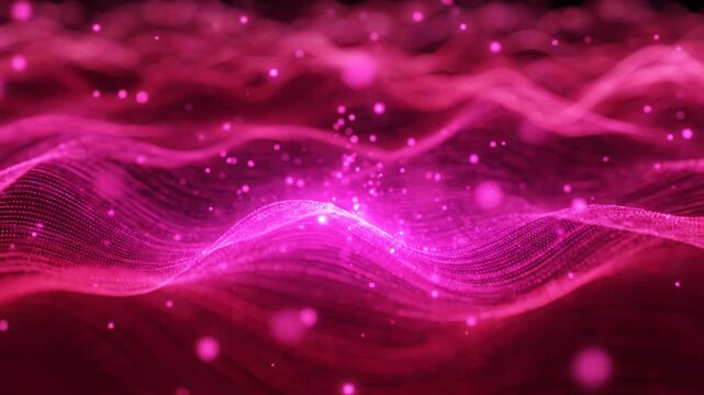 Vibrant pink digital wave pattern with glowing particles and wavy lines in a futuristic design