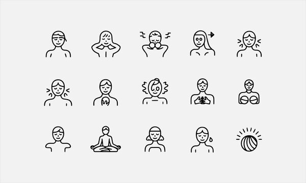Relieving Muscle Tension as Part of Anxiety Management. line art icon set vector illustration