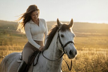 Obraz premium Woman equestrian riding horse on field during sunset. Girl training with stallion outdoors. Summer sport and active leisure concept. Lifestyle hobby with animal in meadow at golden hour