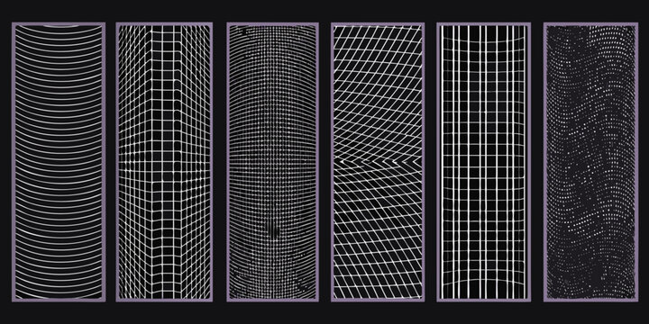 Distorted grid collection 3d wireframe patterns on black background