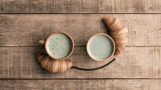 Creative breakfast concept featuring matcha lattes and croissants arranged as a smiling face on wooden background