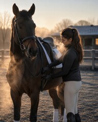 Obraz premium Woman horseback rider preparing horse for training. Equestrian girl tightening saddle girth before practice at stable. Professional athlete in summer sport activity at sunrise rural arena
