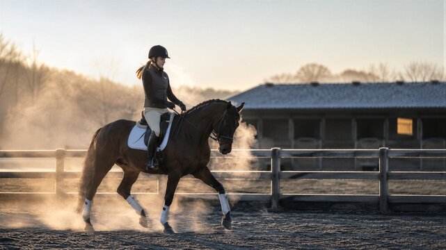 Woman equestrienne riding horse in sandy arena. Equestrian athlete training graceful horse in morning light. Sport industry, outdoor activity, animal care and professional horsemanship