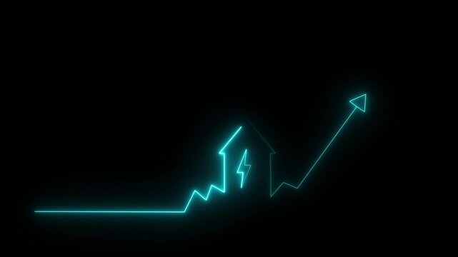 Glowing neon house with rising arrow and lightning bolt, energy growth and power efficiency concept, electricity cost increase, futuristic smart home energy chart, red light technology background