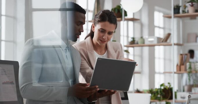 Work, business people or team discussion with laptop for financial proposal or asset management. Computer, glass office and employees in meeting for solution, investment evaluation or dividend yield