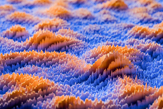 Stylized data visualization surface in orange color and blue. Versatile background ideal for themes involving cybersecurity, big data, nanotechnology, or futuristic environments. Selective focus. 