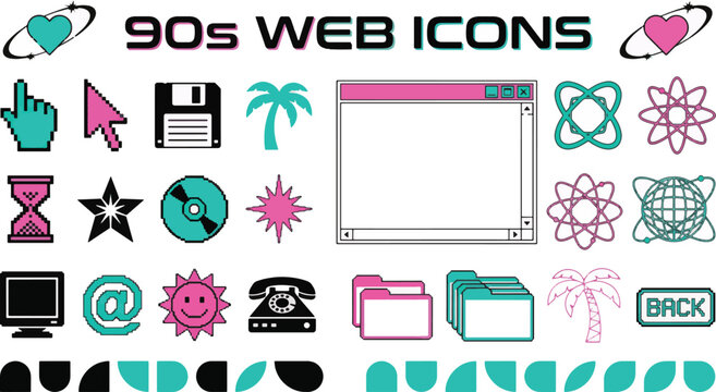 90s Web Icons Set, Retro Computer Interface Elements and Pixel Art Vector Collection