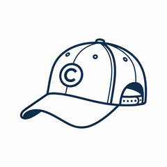 Fototapeta premium A minimalist line art illustration of a baseball cap featuring a 'C' logo on the front. This simple navy blue and white design shows a classic snapback hat with a curved brim.