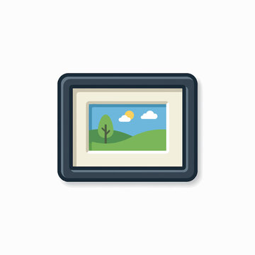A simple icon of a dark picture frame with a white matte, containing a colorful cartoon landscape illustration featuring green hills, a tree, a sun, and clouds under a blue sky.