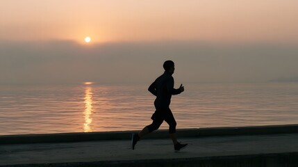 Fototapeta premium A silhouette of a person jogging along the water at sunrise creating a beautiful reflection