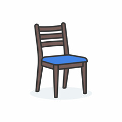 Fototapeta premium A simple, cartoon-style illustration of a wooden chair with a blue seat and a slatted back, isolated on a white background.