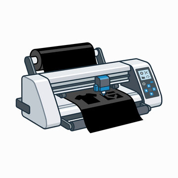 A digital illustration of a professional vinyl cutting machine processing a roll of black material, precision-cutting shapes like t-shirts for apparel branding and custom designs.