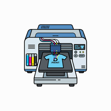 Vector illustration of a direct-to-garment (DTG) printer printing a logo on a blue t-shirt, featuring CMYK ink tanks and a digital display. Ideal for custom apparel business concepts.