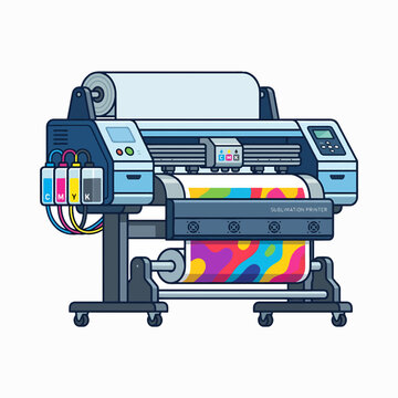 A cartoon illustration of a large format sublimation printer with CMYK ink tanks, printing a vibrant abstract design onto a wide roll of material.