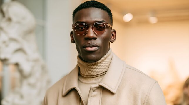 Young man in sunglasses, looking forward with calm confidence